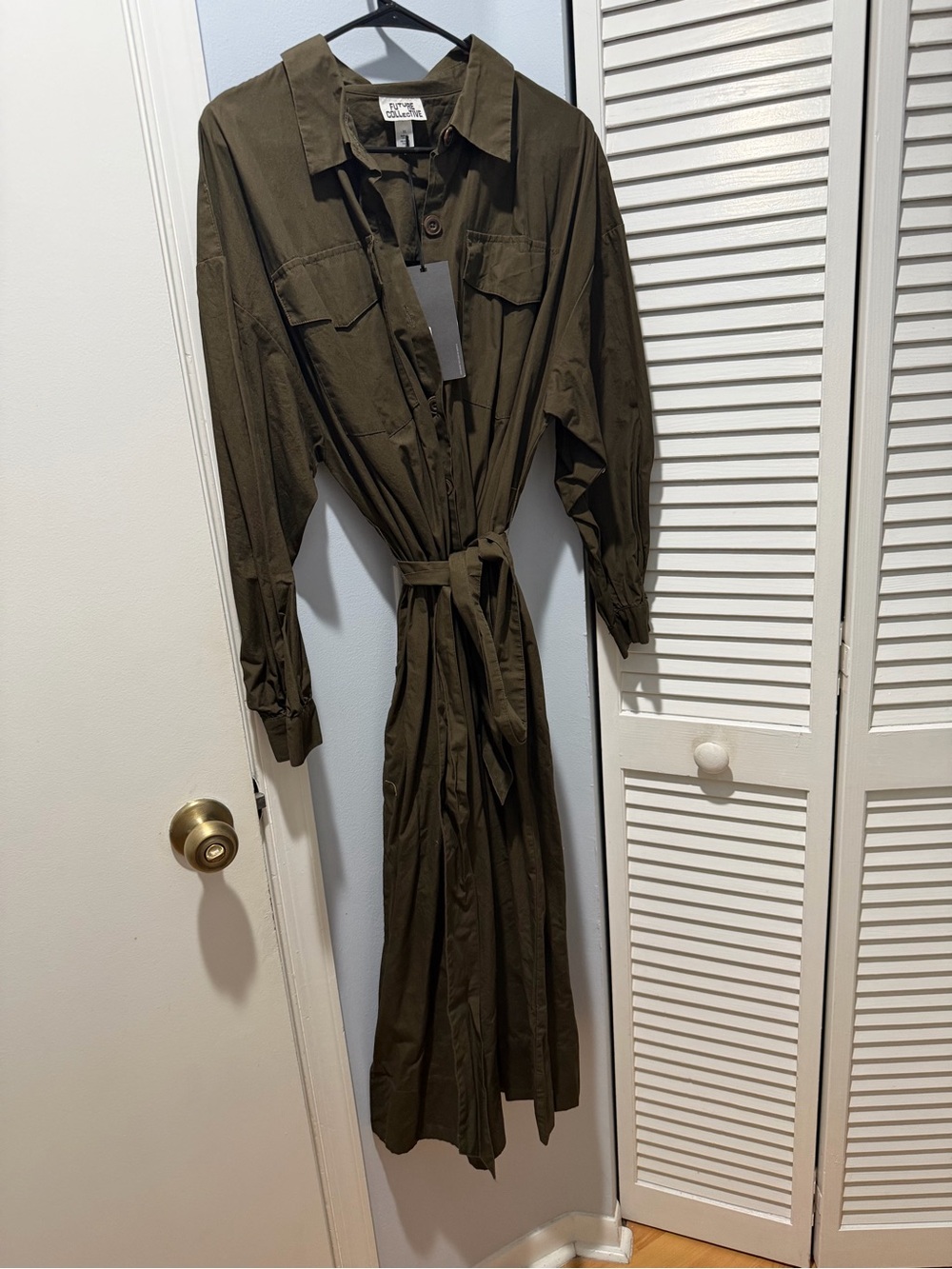 Z Supply Olive Longline Trench Shirt Dress with Tie Waist